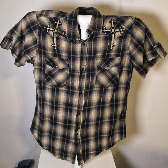 POP ICON CLOTHING Other - POP ICON CLOTHING Black and Cream Plaid Shirt with Cross Embroidery